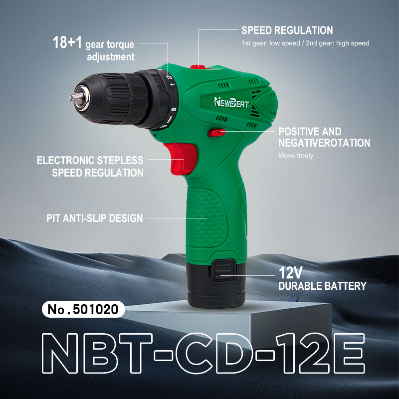 NewBeat 12V 3/8 Variable Speed 18+1 Torque 20N.m Cordless Drill Set with 1 Battery & 1 Charger