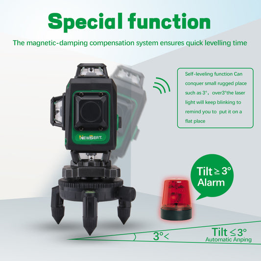 NEWBEAT 16-Line 3D Laser Level Tool, 360° Horizontal/Vertical Lines, Auto-Leveling with Tilt Alarm, Remote Control - Ideal for Construction, Ceiling, Tile & Renovation