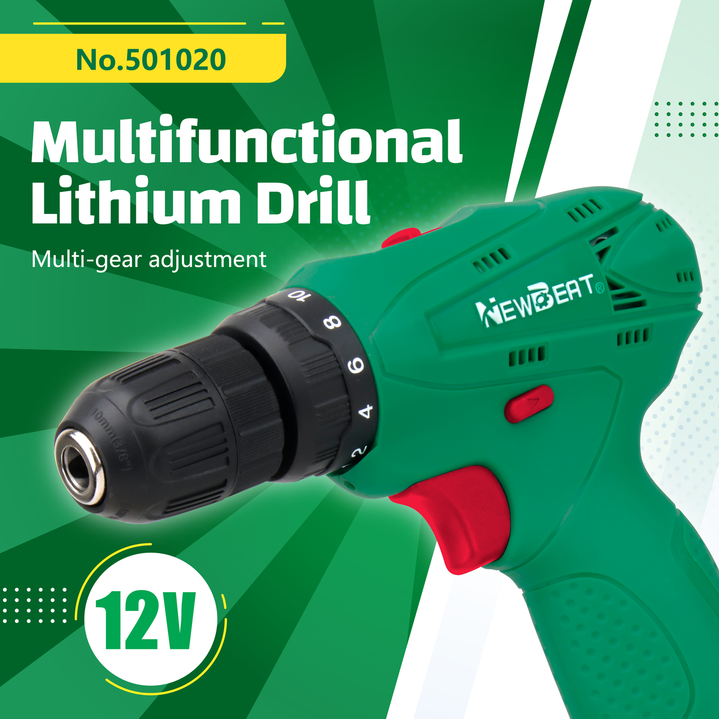 NewBeat 12V 3/8 Variable Speed 18+1 Torque 20N.m Cordless Drill Set with 1 Battery & 1 Charger