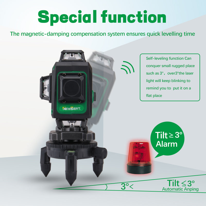 NEWBEAT 16-Line 3D Laser Level Tool, 360° Horizontal/Vertical Lines, Auto-Leveling with Tilt Alarm, Remote Control - Ideal for Construction, Ceiling, Tile & Renovation